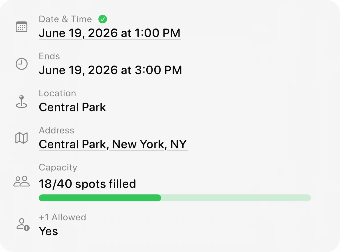 Event details — date, location, and 18 of 40 spots filled.
