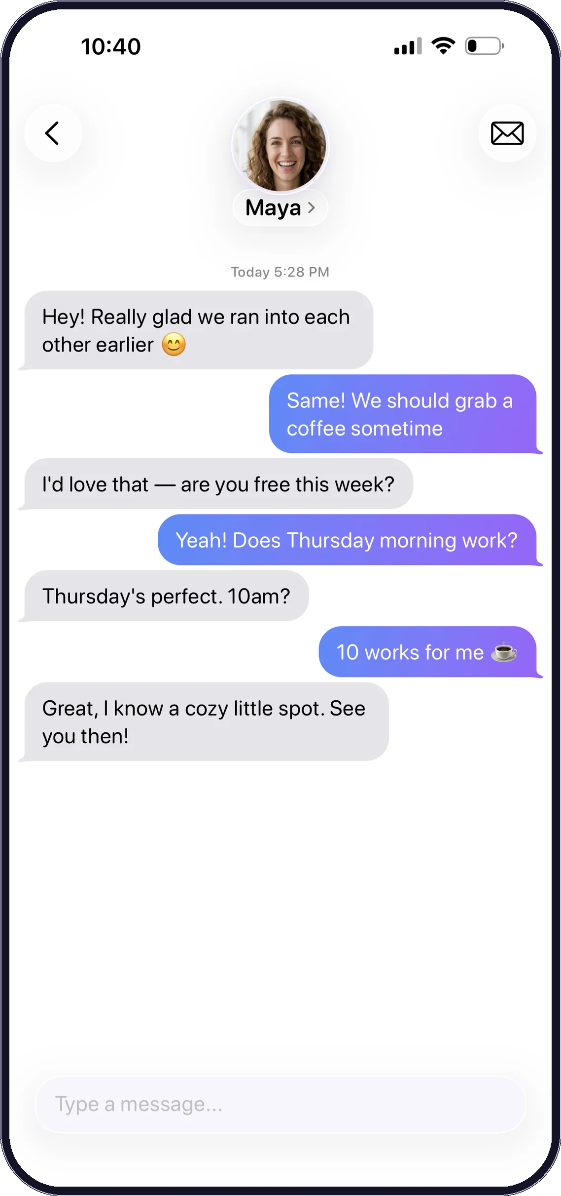A chat thread arranging to grab coffee together.