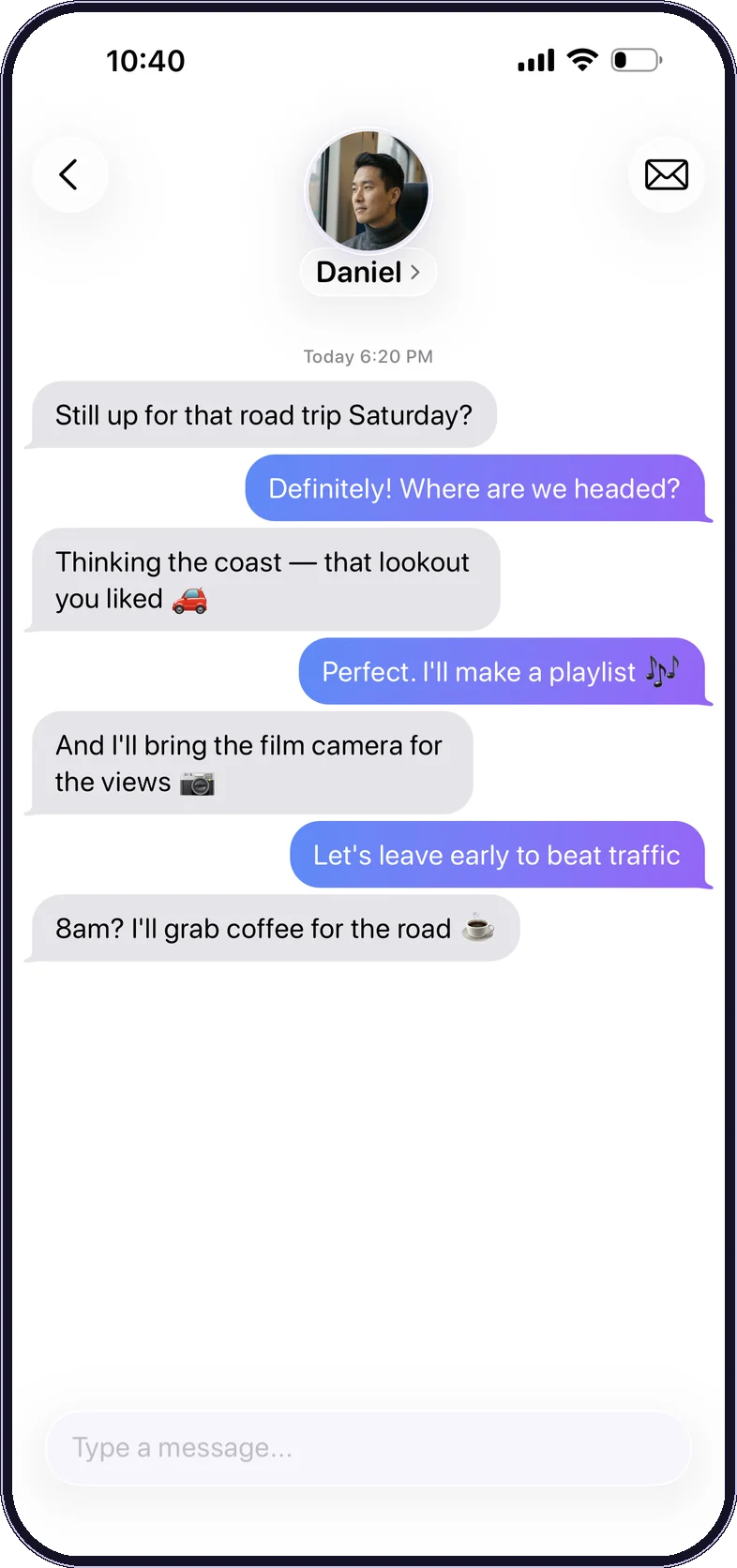 A chat thread planning a road trip.