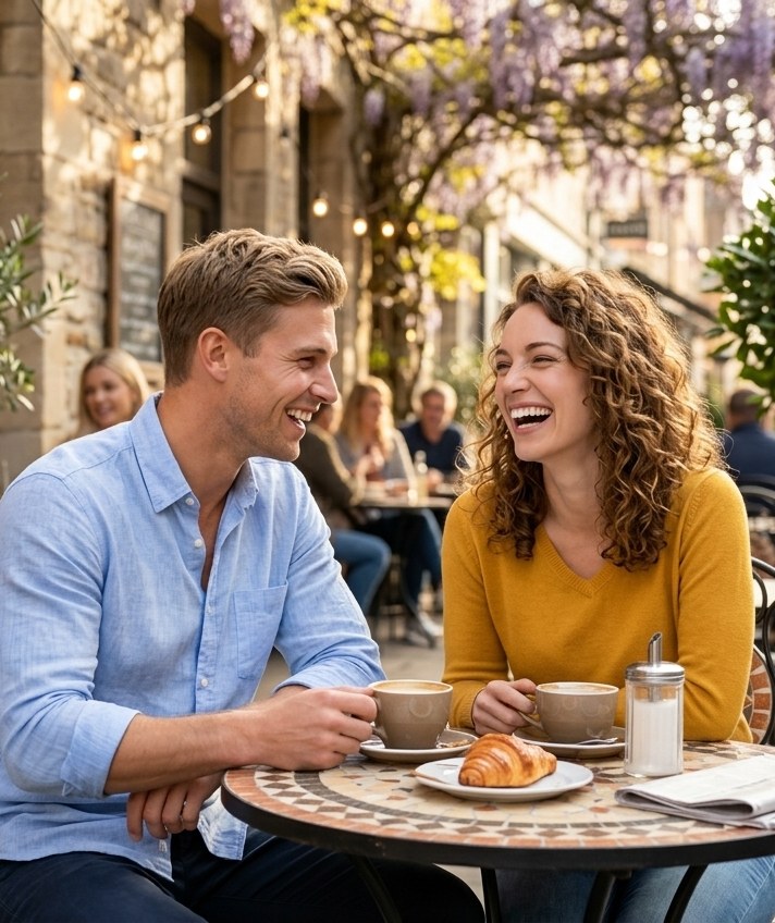 Two people meeting and laughing over coffee at an outdoor café.