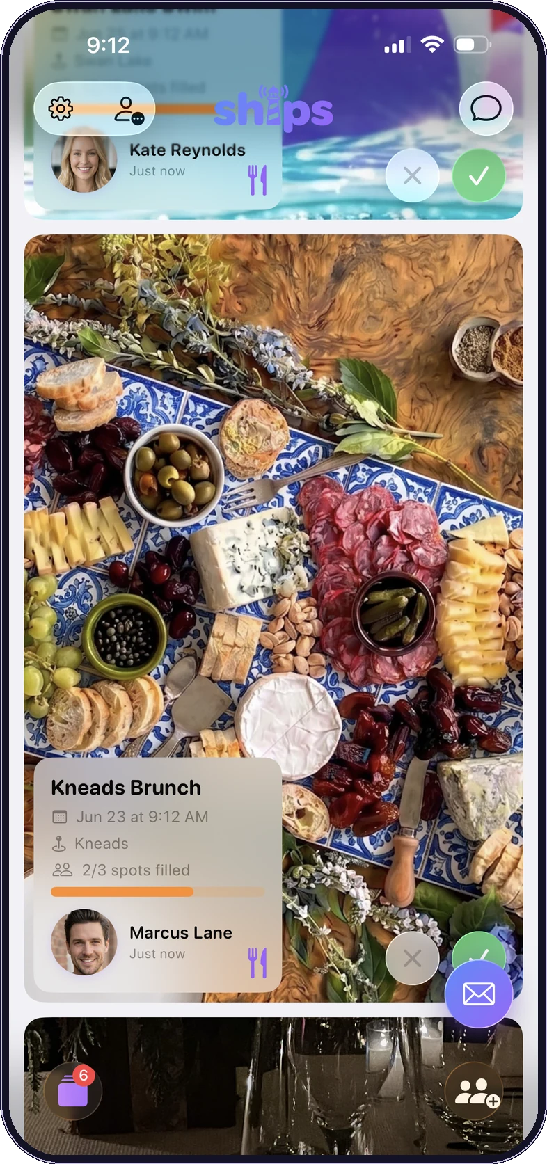 A Ships invitation in the feed, with a brunch grazing-board photo.