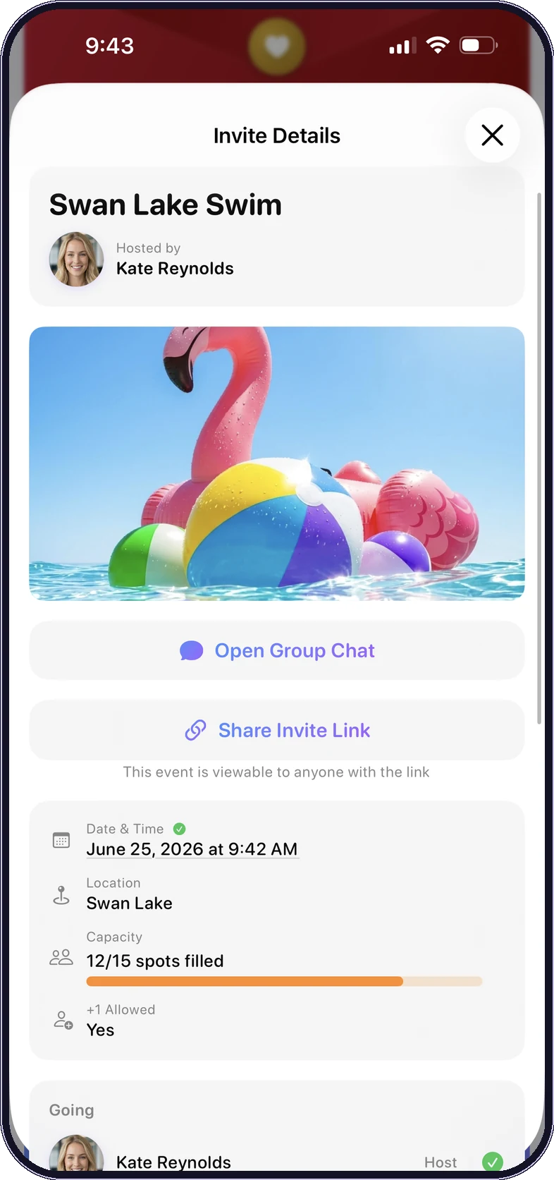 An open Ships invitation — Swan Lake Swim — showing the date, place, and who's going.
