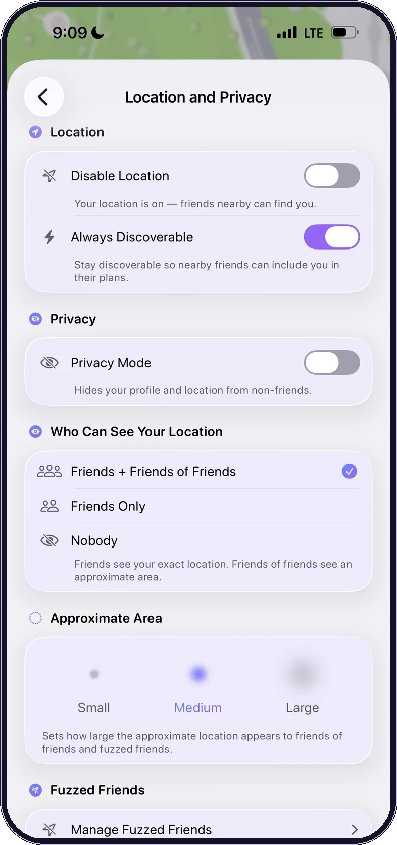 Ships location and privacy controls — choose who can see you and set an approximate area.