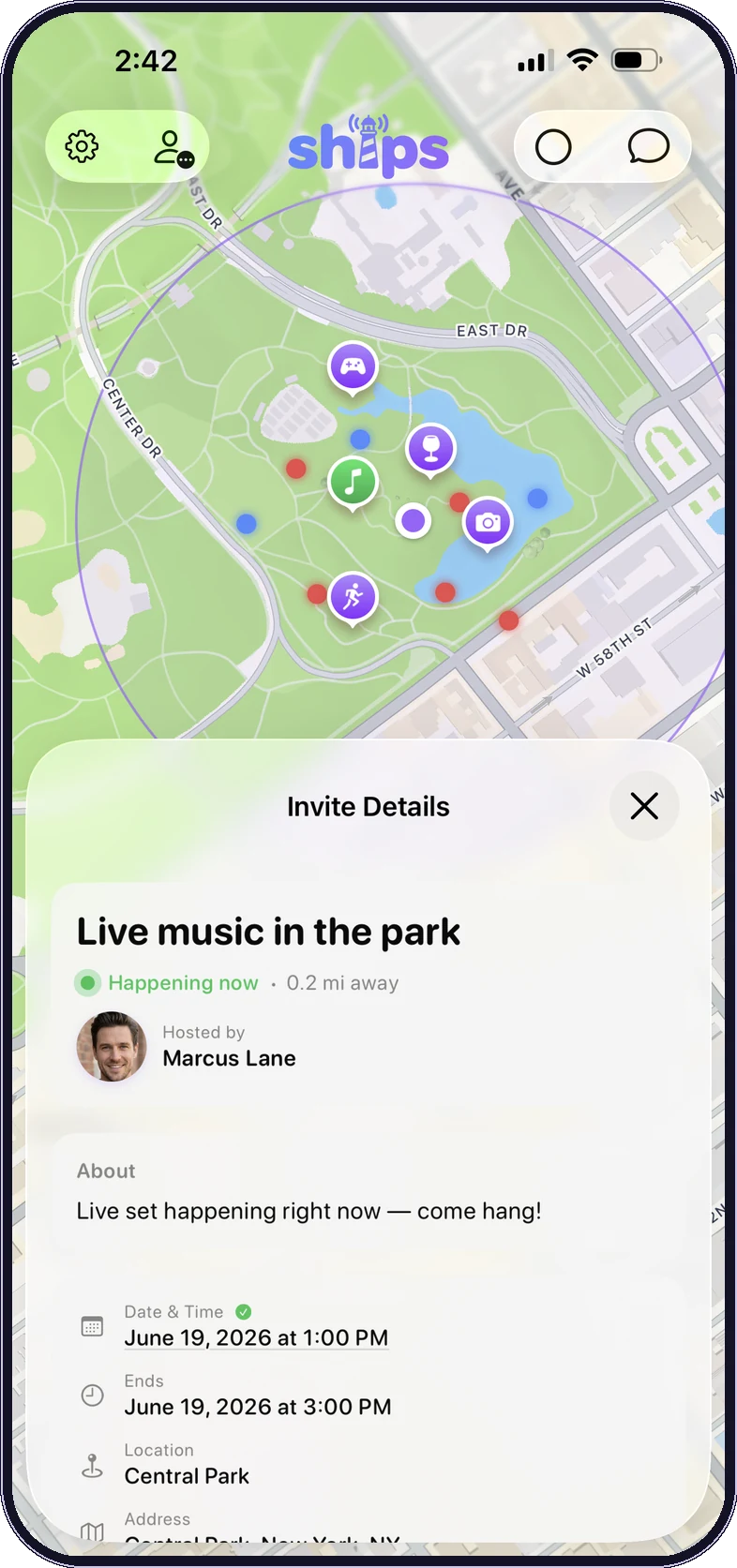 The Ships map with a plan — 'Live music in the park' — pinned to where it's happening.